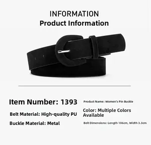 Vue détaillée d'une ceinture en cuir PU noir avec boucle et tableau des spécifications