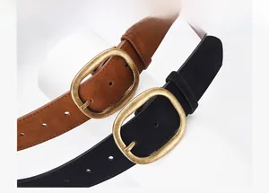 Detail of high quality suede PU belt with antique bronze oval buckle for women