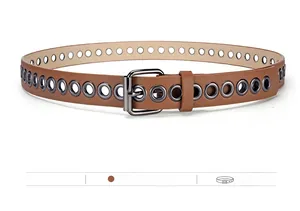 Detail of camel leather belt with full-length silver eyelets and metal pin buckle