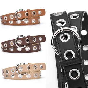Women Punk PU Leather Belt With All Over Metal Eyelets Fashion Decorative Waistband For Jeans Dresses With Round Alloy Pin Buckle