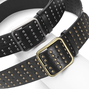 Women's punk wide leather belt with double rows of metal eyelets and large pin buckle