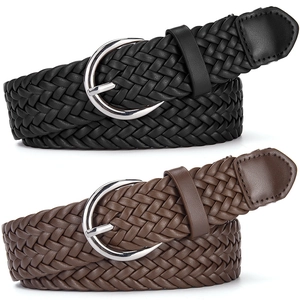 Ceinture Vintage en PU Tissé pour Femmes Sangle de Taille Tressée Polyvalente Avec Boucle à Ardillon en Alliage d'Argent pour Jeans Robes