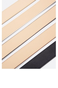 Close-up detail of smooth leather belts with fine stitching in black and beige colors