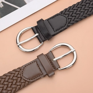Ceintures tressées vintage pour femmes avec boucles ovales argentées en noir et marron