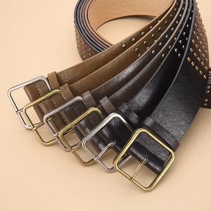 Punk style wide leather belt with double grommets and metal square buckle for women