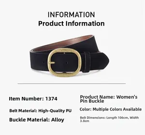 Detailed view of black faux suede belt for women with gold oval buckle and size specifications