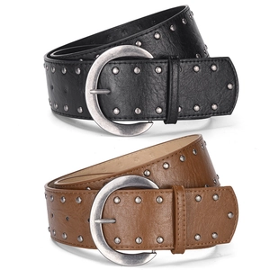 Ceinture Large en Cuir PU Vintage Western pour Femmes Ceinture de Taille Ornée de Rivets Métalliques Bohème Avec Grande Boucle en Alliage Style Punk