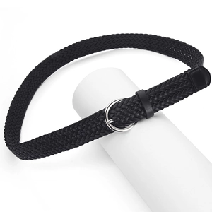 Ceinture tressée noire pour femme avec boucle ronde en métal argenté élégante