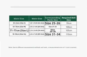Size chart for women suede PU belt showing S to XL waist measurements and belt lengths