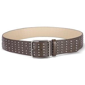 Dark brown punk wide belt with silver double row studs and vintage metal pin buckle