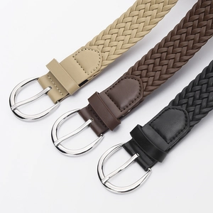 Ceintures tressées en similicuir pour femmes avec boucles argentées en beige, marron et noir