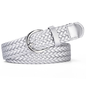 Ceinture tressée argentée pour femme en cuir PU avec boucle anneau en D argenté poli