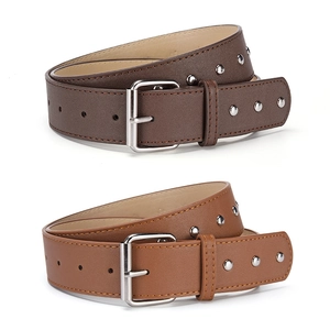 Women Fashion PU Leather Belt With Silver Metal Rivets Punk Style Square Pin Buckle Waistband For Jeans Daily Accessory