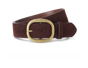 Detail of coffee brown faux suede belt featuring high-quality matte texture and bronze buckle