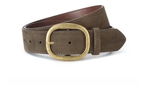 Macro detail of Army Green suede belt featuring oval vintage brass buckle and stitching