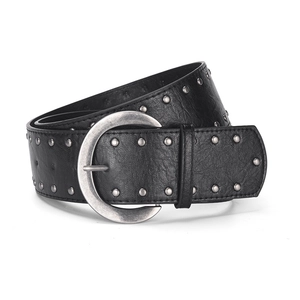 Ceinture large en cuir noir style rétro américain avec clous argentés et boucle croissant