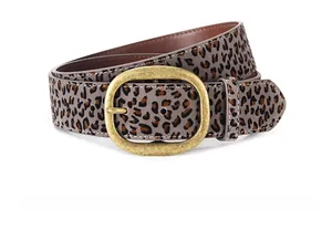 Detailed view of leopard gray faux suede belt with golden oval metal buckle