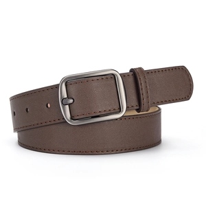 Deep brown matte leather belt with dark gray square buckle for business casual style