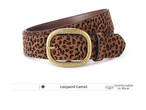 Detail view of suede leopard print belt for women with vintage golden oval buckle