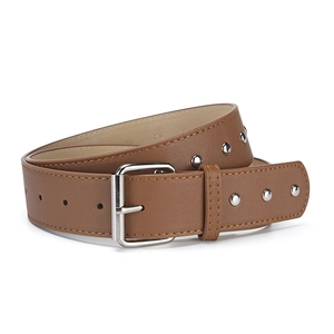 Brown faux leather belt with silver pin buckle and decorative metal rivets for women