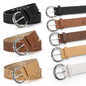 Vintage Bohemian Hollow Out PU Leather Women Belt Retro Floral Carved Alloy Buckle Casual Ethnic Style Waist Strap
