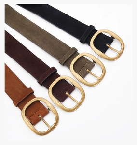 Collection of faux suede belts in four colors with vintage oval gold metal buckles