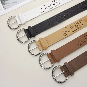 Vintage hollow-out leather belts with floral patterns and carved silver buckles in 5 colors