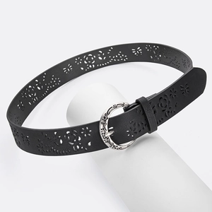Vintage black hollow-out leather belt with round silver buckle for women jeans