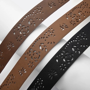 Vintage hollowed-out leather belt with floral patterns in black and brown styles