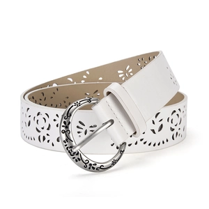 Vintage white cutout floral leather belt with an engraved silver round buckle for women