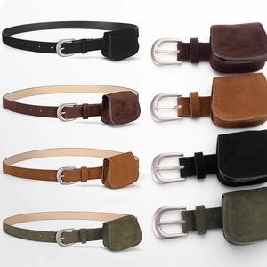 Ceinture Femme Vintage en Simili Daim Cuir PU Avec Mini Sac Amovible Boucle à Ardillon en Alliage de Zinc Couleur Unie Rétro Polyvalente