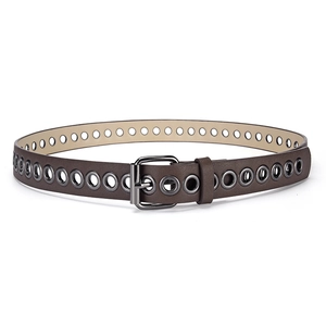 Dark brown leather belt with punk style metal eyelets and charcoal gray buckle