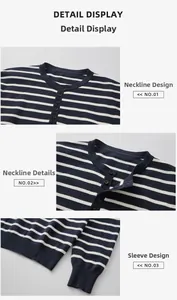Detailweergave van de marineblauw gestreepte trui met Henley-kraag en geribde boorden