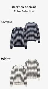 Detail van gestreepte gebreide truien met Henley-hals in marineblauw en wit met achteraanzicht
