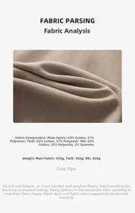 Detail showing 430g heavy cotton blend fabric composition and washing care instructions
