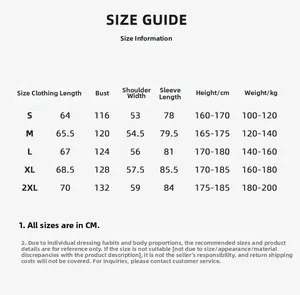 Detailed size guide chart for men's casual sports jacket showing S to 2XL measurements