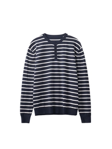 Gestreepte henley gebreide trui voor heren met lange mouwen en blauw-wit streeppatroon