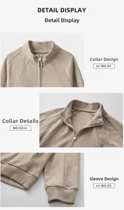 Detail of khaki men's sports jacket featuring stand collar, metal zipper, and ribbed cuffs