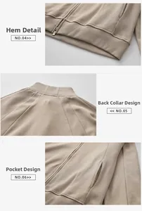 Detail view of ribbed hem, back collar construction and side pockets on beige sports jacket