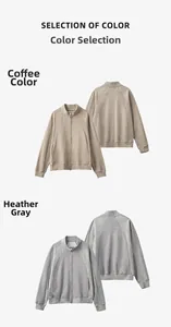 Detail view of coffee and heather grey raglan zip-up jackets with ribbed cuffs