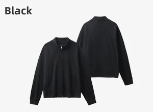 Front and back view of black men's sports jacket with stand collar and raglan sleeves