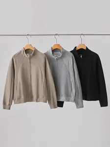 Men Casual Sporty Zip Up Stand Collar Sweatshirt Jacket Cotton Blend Splicing Solid Color Long Sleeve Loose Outerwear Top