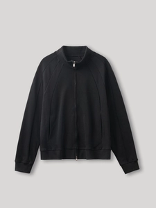 Men's black zip-up sports jacket with stand collar and sleek curved stitch detail