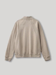 Men's minimalist stand collar sports jacket in beige featuring a unique curved back seam design