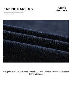 Detail von hochwertigem Marine-Denim-Stoff mit 340g Gewicht und Materialzusammensetzung