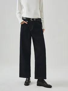 Damen Retro Denim Baumwolle High Waist Weites Bein Jeans Streetwear Locker Schlankmachend Curved Design Kontrastnähte Lange Hose