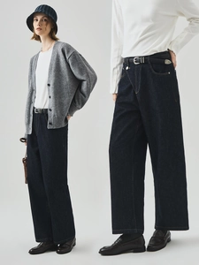 Dunkelblaue Damen-Jeans mit weitem Bein, elastischem hohem Bund und lockerer Passform
