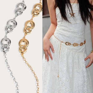 French Elegant Metal Waist Chain For Women Interlocking Rings Adjustable Dress Belt Gold Silver Plated Jewelry Accessory