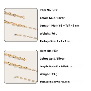Detailed sizing and specification chart for hollow metal waist chains in gold and silver