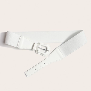 Close-up of white elastic waist belt with PU leather texture and silver buckle